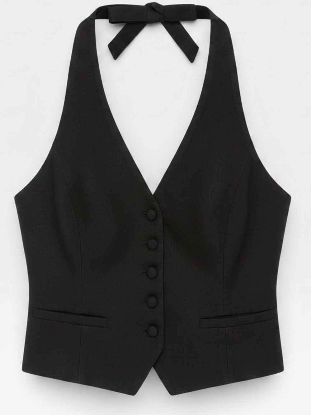 Zara Linen Blend Halter Vest Womens XS Black Button Front Fitted Tailored Preppy